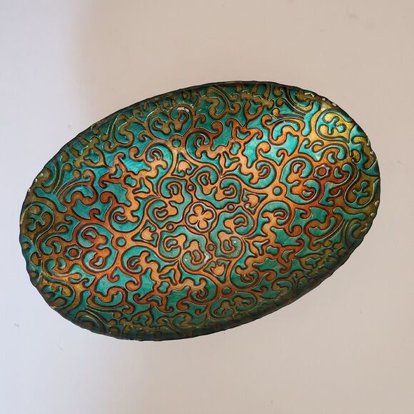 ArdaCam Hand-Painted Glass Serving Bowl Turq & Gold, Turkey, Environ Friendly - Picture 7 of 8